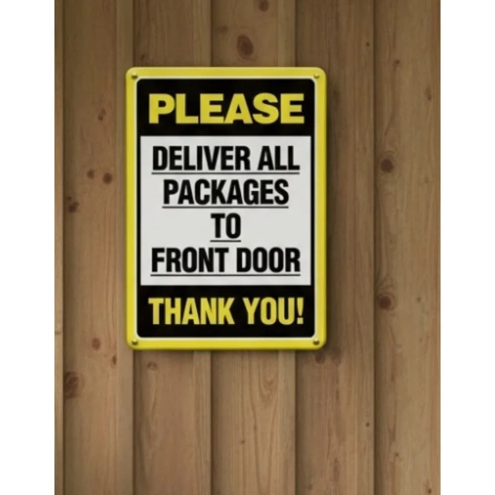 Targa in metallo con scritta "Please Deliver All Packages to Front Door", targa da parete in ferro con freccia, 20,32X30,48 cm, riutilizzabile per interni ed esterni