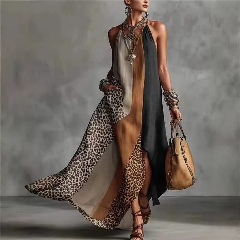 Abito lungo da donna boho con stampa leopardata patchwork, scollo all'americana, cut-out e spacco, senza maniche, estivo, per vacanze e feste