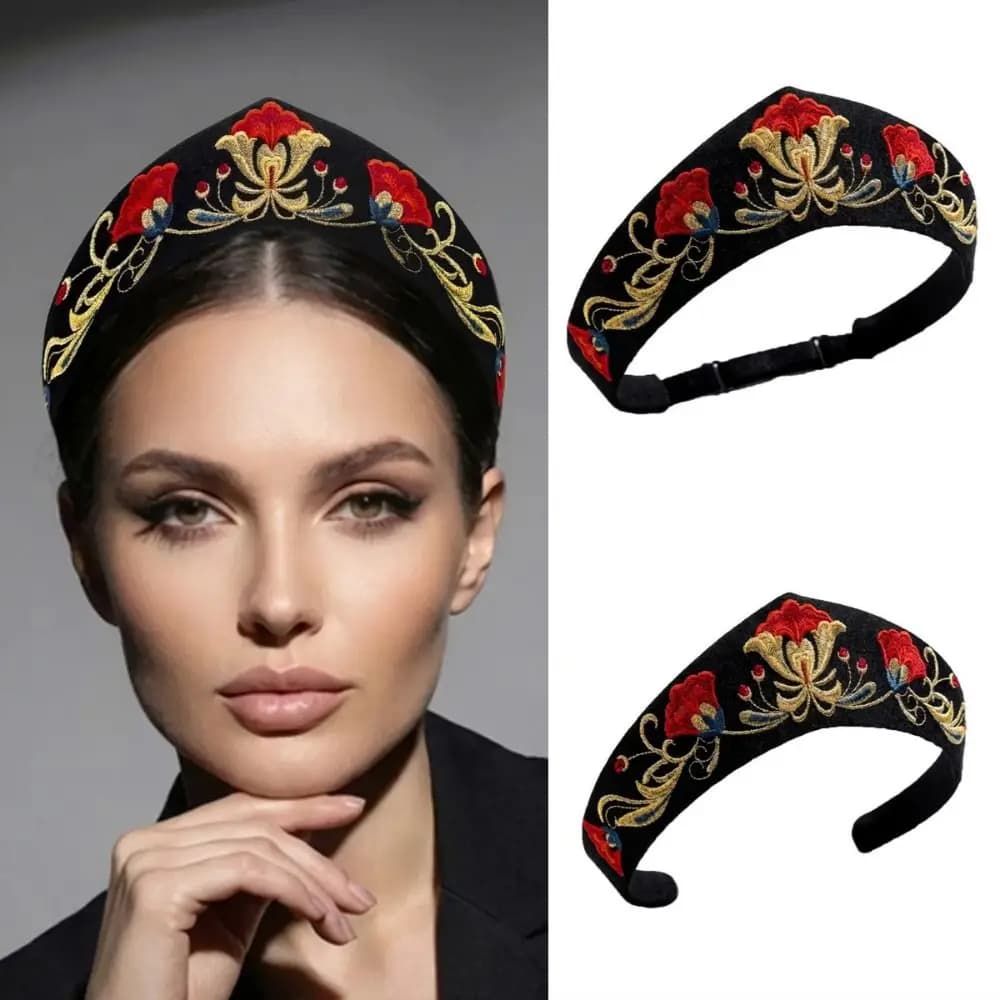 New Floral Embroidery Velvet Headband Smooth Texture Black Hair Hoop Elastic Hairpin Headband Hair Accessories