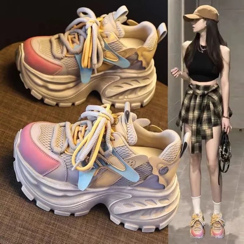 Sneakers da Donna 2026 con Plateau Chunky e Blocchi di Colore Pastello, Traspiranti in Mesh, con Rialzo Interno, Stile Casual Dad Shoes per Uso Quotidiano e Urbano