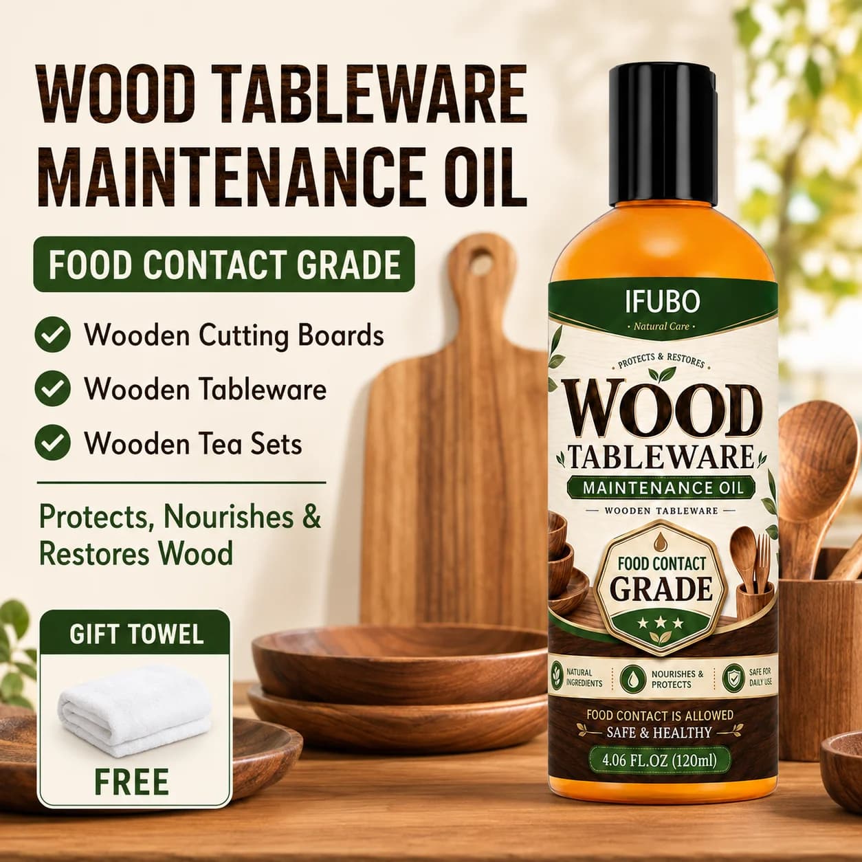IFUBO Wood Wax Oil For Cutting Boards Solid Wood Furniture Glossy Finish Nourishing Protective Care 120ML