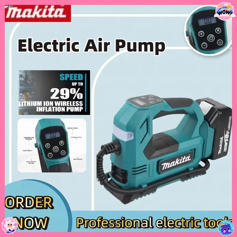 Pompa ad aria senza fili Makita 18V con batteria e motore brushless: Gonfiatore portatile per pneumatici con display digitale per auto e moto