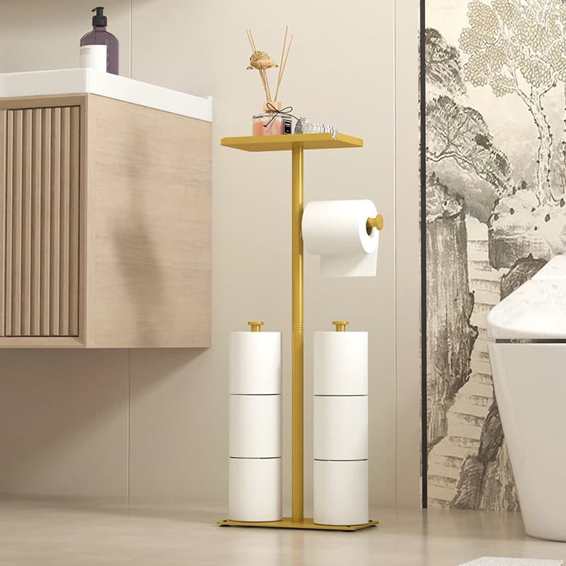 Floor standing toilet roll paper rack, golden bathroom sanitary rack with phone tray, multifunctional storage rack