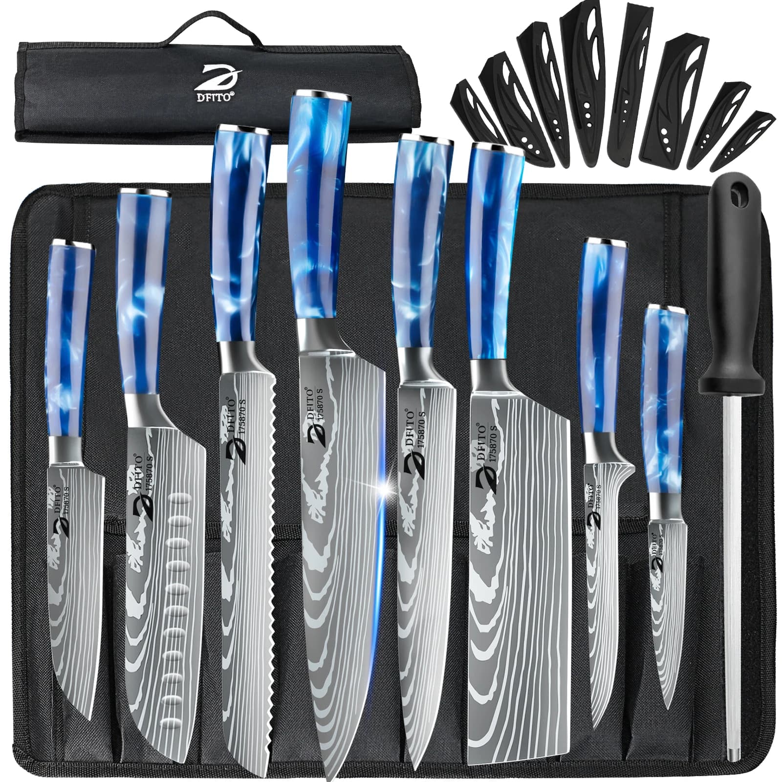 ZENG 8PCS Coltello da cuoco Coltelli da cucina Set Utilità Coltello per disossare Mannaia Carne Frutta Pane Coltello giapponese Santoku con coperchio