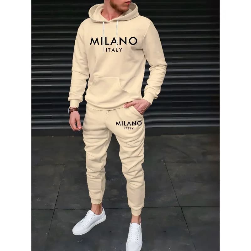Set con cappuccio con lettera beige premium sportivo moda casual da uomo stampato in 3D, stampa modello console di gioco autunno e inverno confortevole