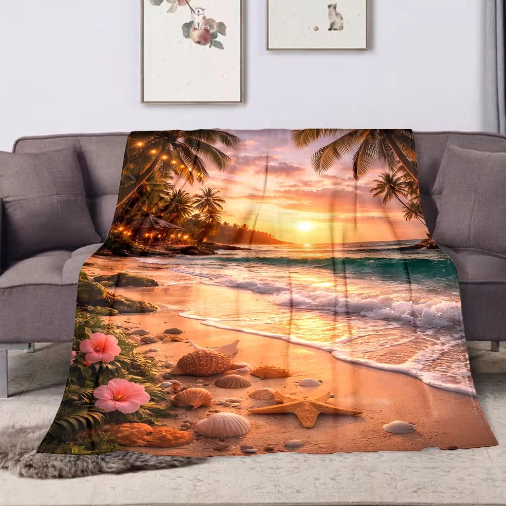 1PC Coperta calda con stampa di conchiglie e palme al tramonto sulla spiaggia, per adulti e bambini, per casa, viaggi, auto, morbida e confortevole, adatta a tutte le stagioni
