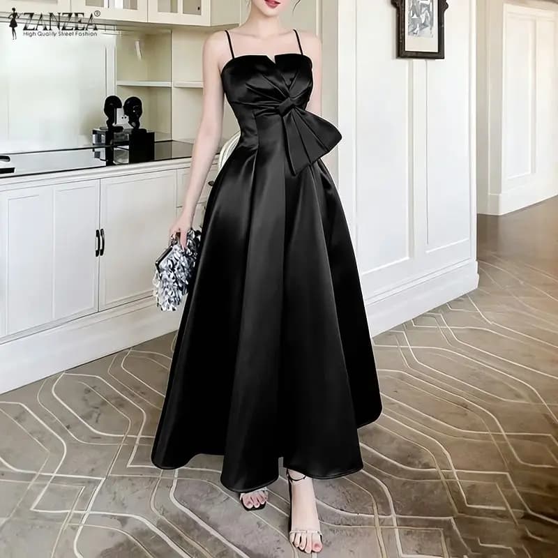 ZANZEA Abito lungo elegante in raso da donna con spalline sottili e dettagli a fiocco, vita arricciata, linea ad A, abito lungo da cerimonia per invitati a matrimoni
