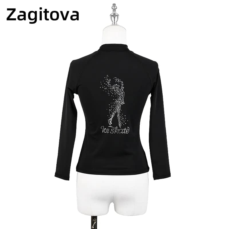 T-shirt da pattinaggio di figura per ragazza donna allenamento per adulti pattinaggio su ghiaccio ginnastica pullover manica lunga modello di pattinaggio con diamanti