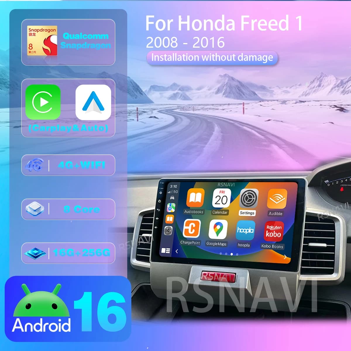 RSNAVI Android 16 For Honda Freed 1 2008 - 2016 Carplay Auto DAB+ Multimedia Player BT video Car radio 360 Camera Snapdragon