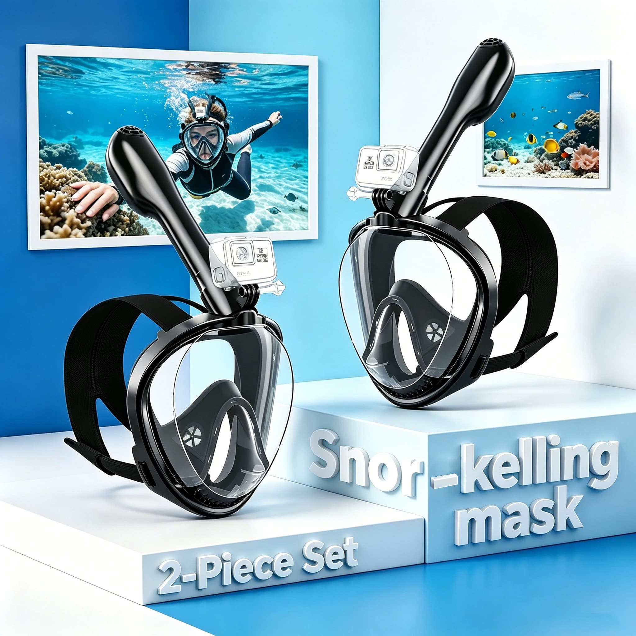 Set di 2 Maschere Professionali per Snorkeling a Viso Intero per Adulti, Panoramiche Antiappannamento con Supporto per Fotocamera, per Piscina e Spiaggia