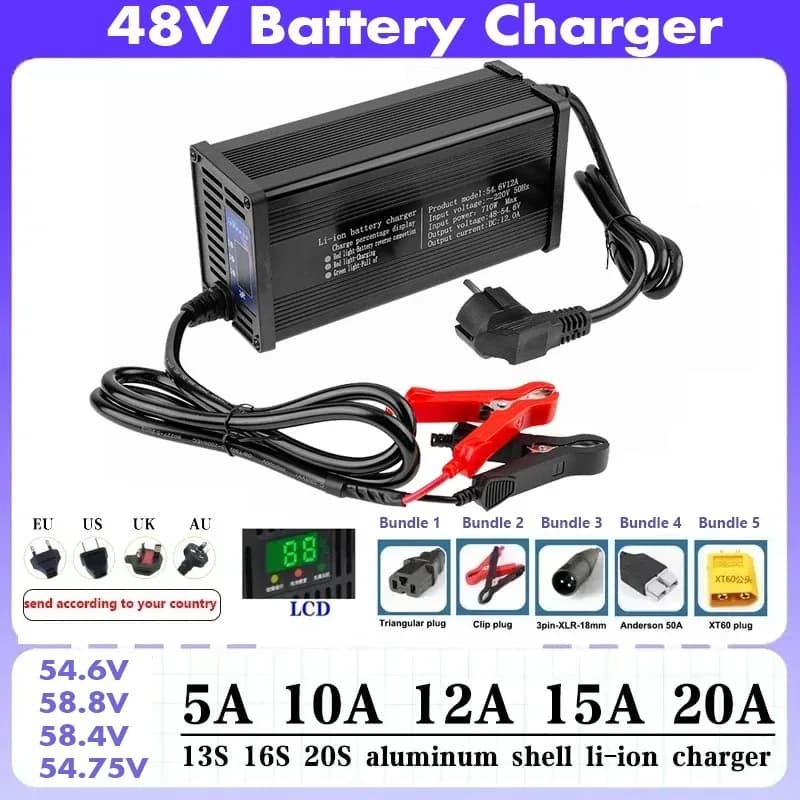 Caricabatteria al litio per veicoli elettrici ad alta potenza 48V 5A 8A 10A 12A 15A 20A 13S 14S 16S 54.6V 58.8V 58.4V 54.75V Display LCD