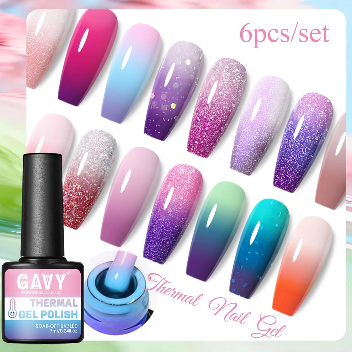 6Pcs Thermal Color Changing Glitter Gel Nail Polish Set, UV Soak Off Nail Gel, Salon DIY Manicure Gift Kit For Nail Art Lovers