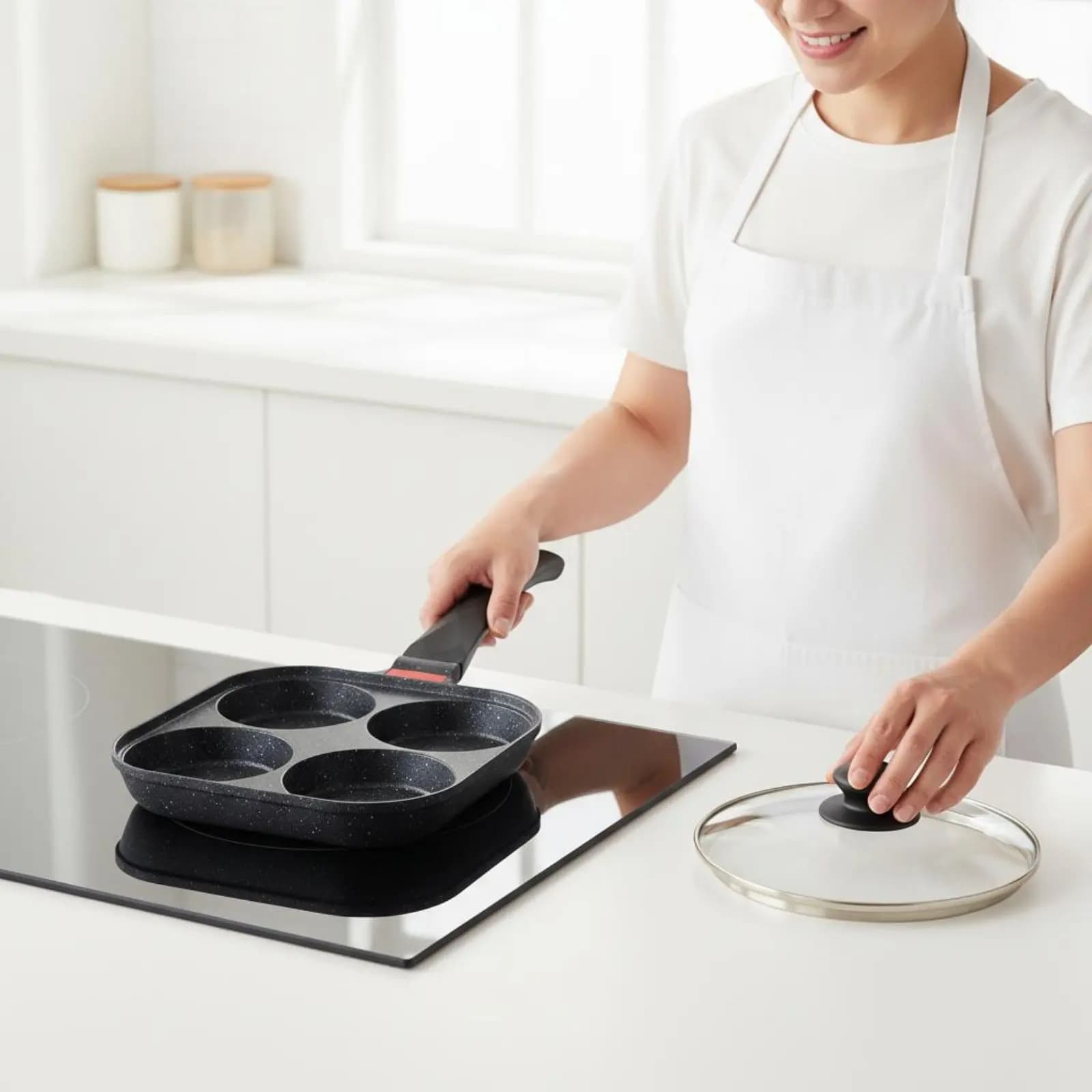 Padella per Omelette a 4 Fori con Coperchio, Padella per Colazione, Utensile da Cucina Salutare Anti-Trabocco