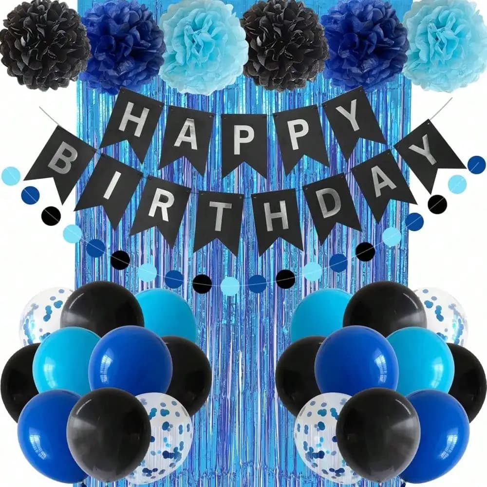Set di 40 Decorazioni per Festa di Compleanno Blu e Nero per Ragazzi e Uomini, Striscione, Palloncini, Pompon Blu Royal e Azzurro, Decorazioni con Lamina Metallizzata
