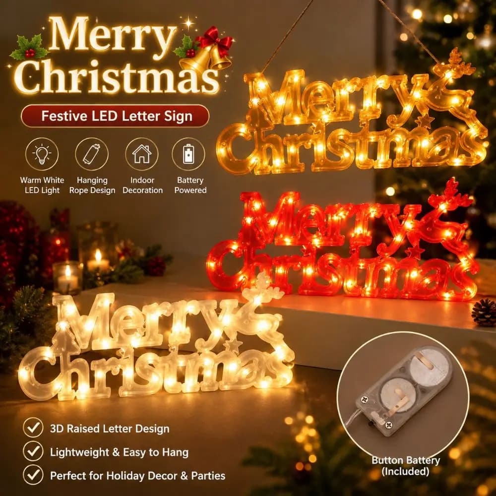 Creative Merry Christmas LED Letter Sign 3D with Hanging Rope Fairy Light String Xmas Garland String for Holiday Party