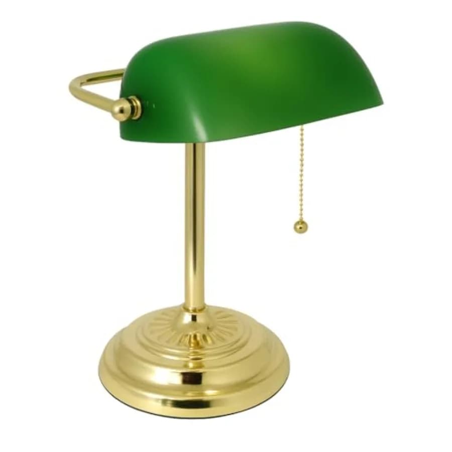Lampada da Scrivania Tradizionale Stile Banquiere con Paralume in Vetro e Base in Ottone, Lampada Classica con Catenella, Illuminazione per Ufficio, Stile Vintage