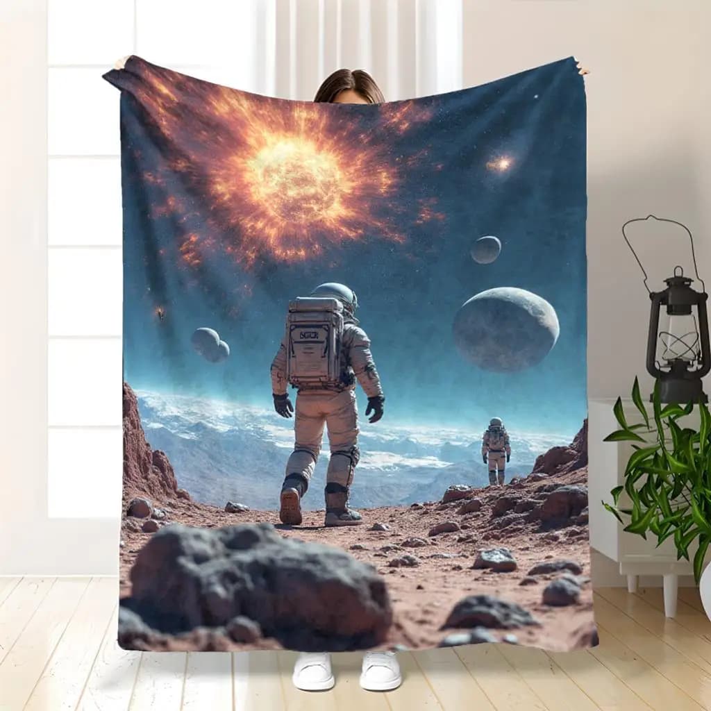 Coperta Astronauta e Pianeti - Morbida e Calda Coperta in Flanella per Amanti dello Spazio