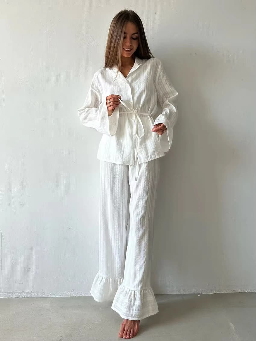 Pigiama Casual da Donna 2 Pezzi, Camicia da Notte a Maniche Lunghe con Colletto Rovesciato, Pantaloni Comodi per Casa