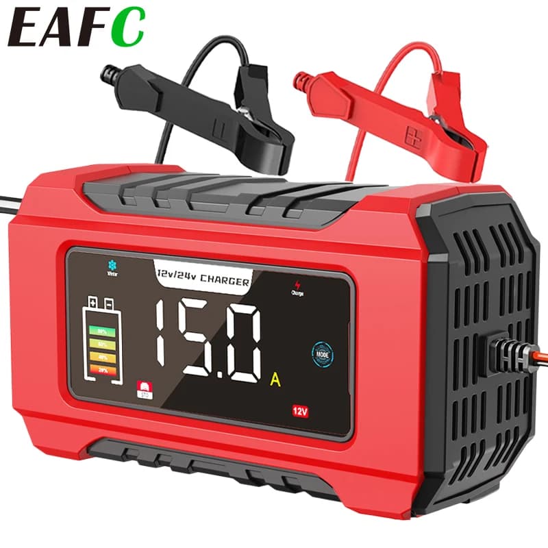 EAFC 15A/8A Caricabatteria per auto intelligente a grande schermo 12V/24V Pluse Caricatore di riparazione per moto per gel AGM al piombo-acido WET LiFePO4