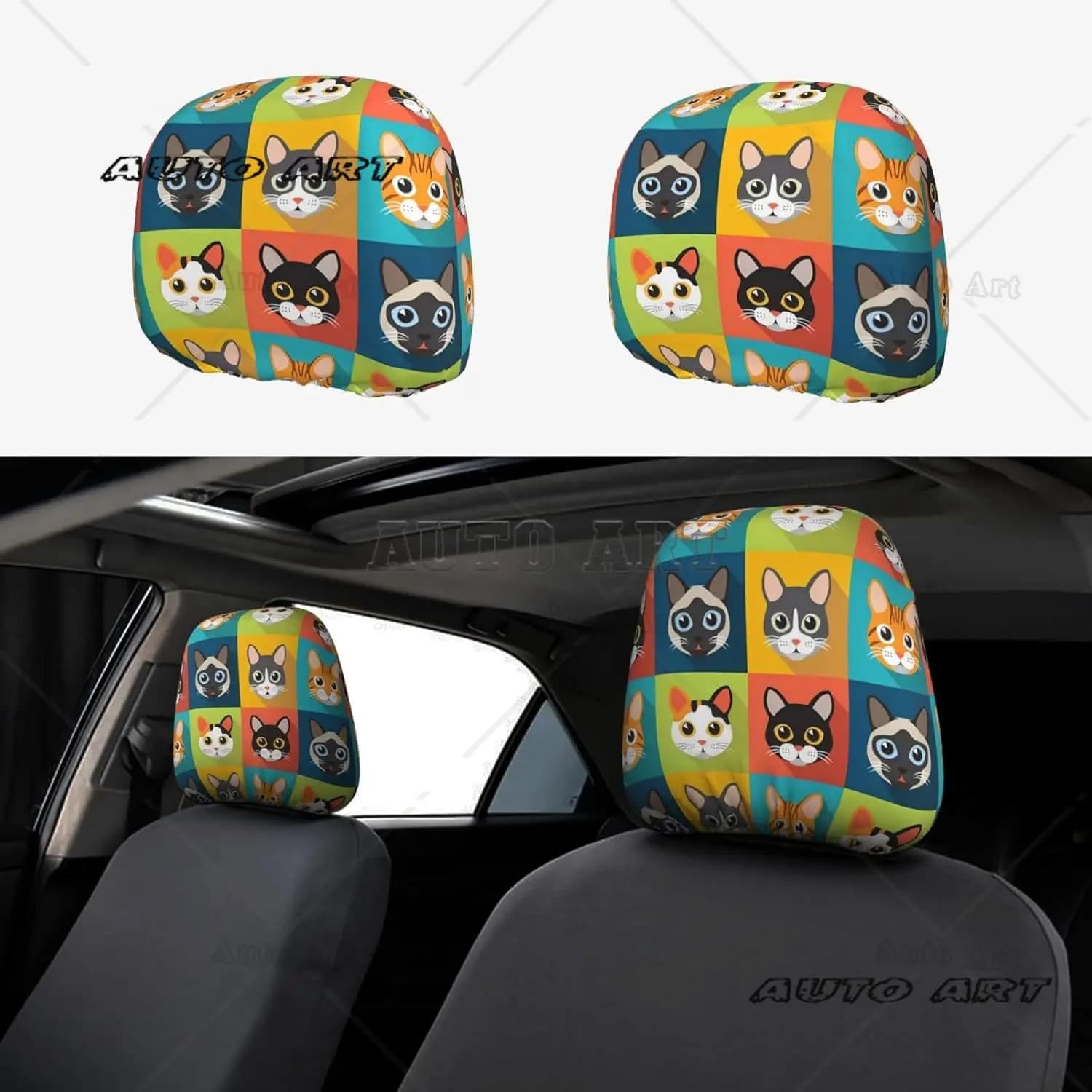 Cute Cat Print 2 pezzi Coprisedili per poggiatesta per auto Coprisedili morbidi per poggiatesta per seggiolino auto Protezione per poggiatesta universale Coperture anti-sporco