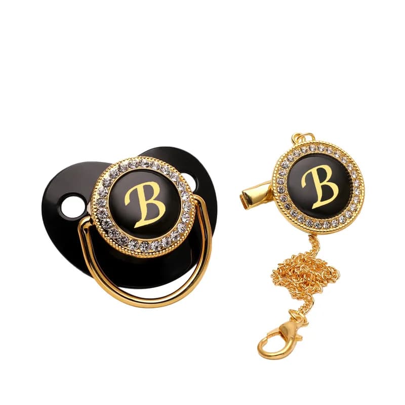 Ciuccio di lusso in oro nero per neonati Nome AZ Lettera iniziale Porta capezzoli in silicone Coperchio con clip per ciuccio personalizzato Baby Shower