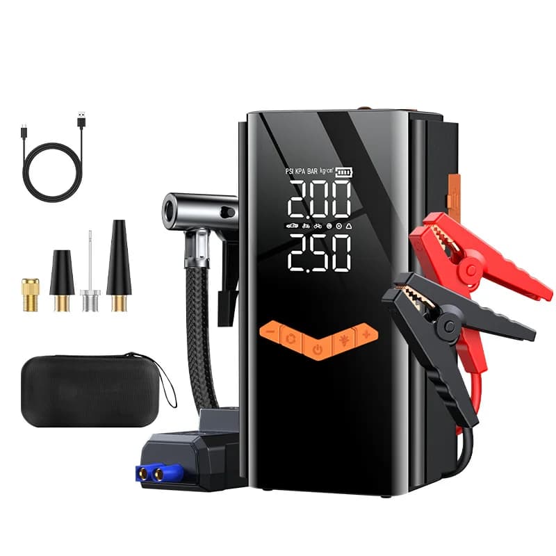 Avviatore di Emergenza Portatile 12V da 10000 mAh con Compressore d'Aria, Torcia LED e Powerbank per Auto