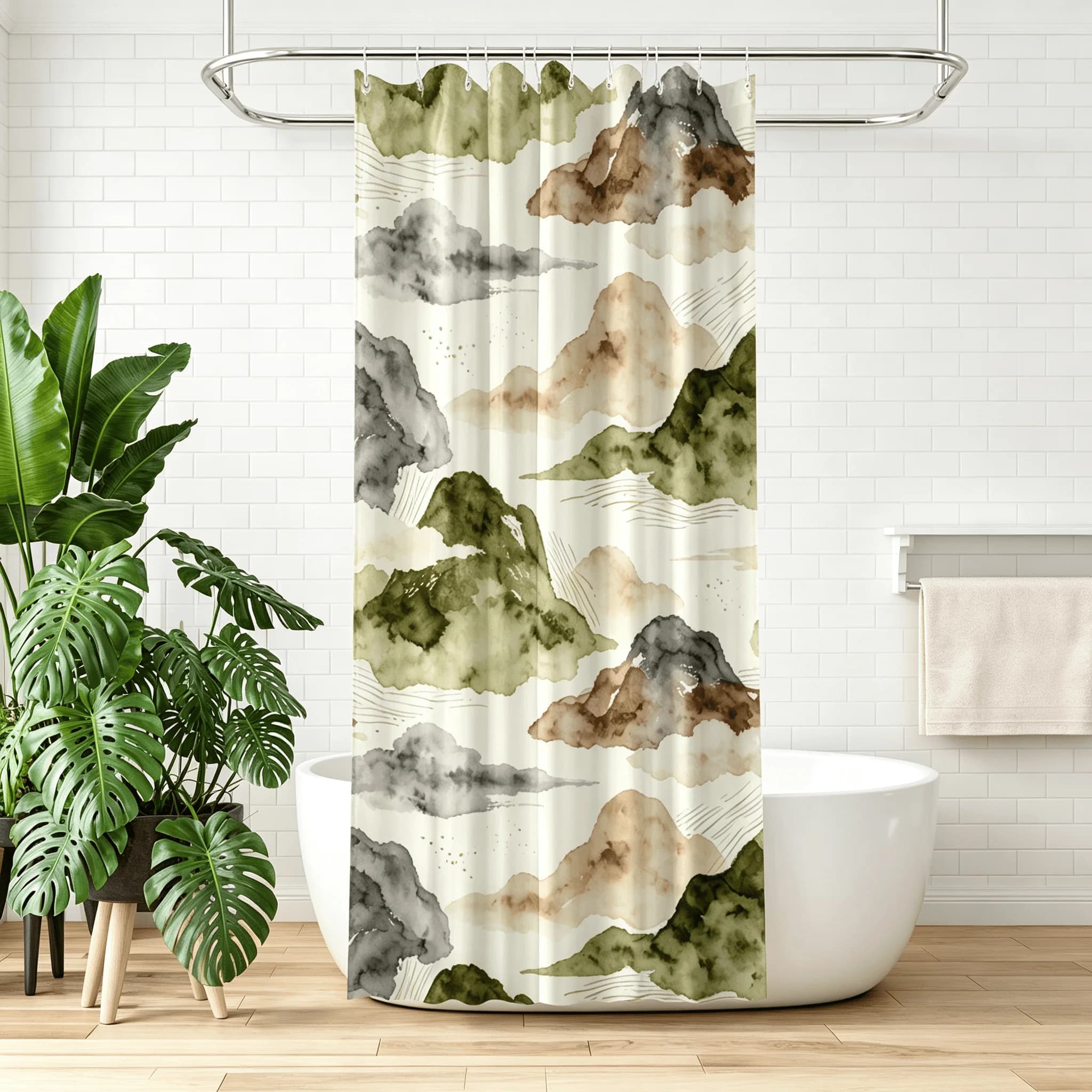Watercolor Mountain Cloud Landscape Shower Curtain Sage Green Brown Neutral Waterproof Fabric Bathroom Decor
