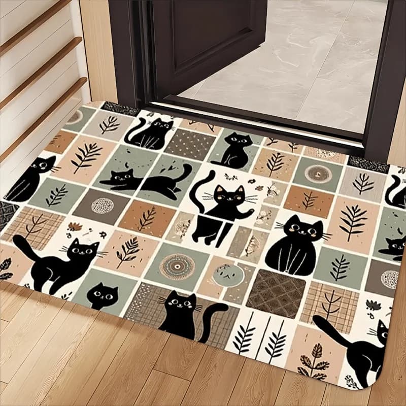 VIKAMA Cute Black Cat Checkered Patchwork Rug Durable Non-Slip Living Room Carpet Bedroom Bedside Rug Home Decor Aesthetic