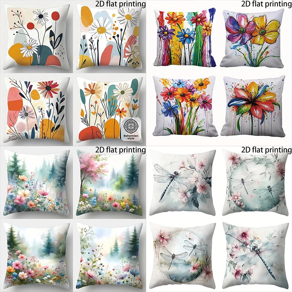 2D FLAT-4 pieces Dragonfly & Flower Pillow Covers , Suitable for family sofas, farmhouse decoration cushion covers.