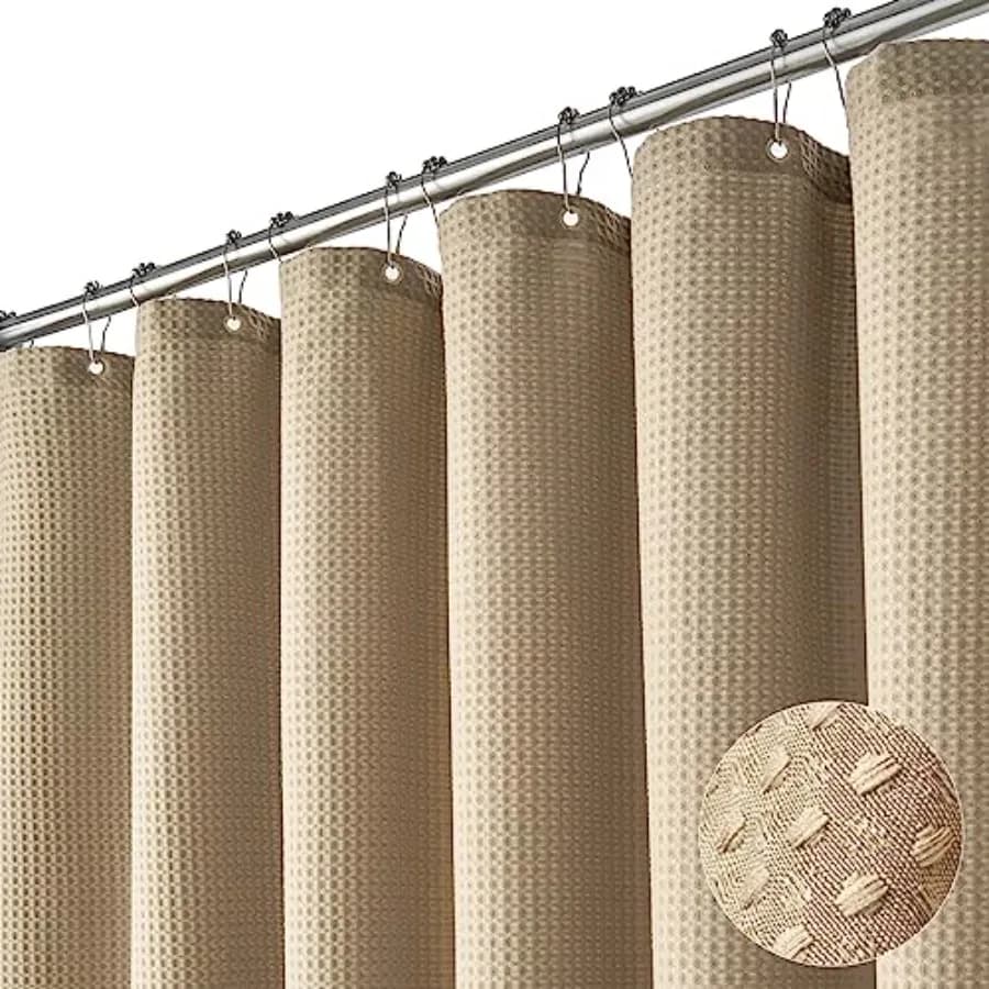 Beige Fabric Shower Curtain - Waffle Textured Heavy Duty Cloth Shower Curtains for Bathroom, 256GSM Hotel Spa Luxury Weighted B