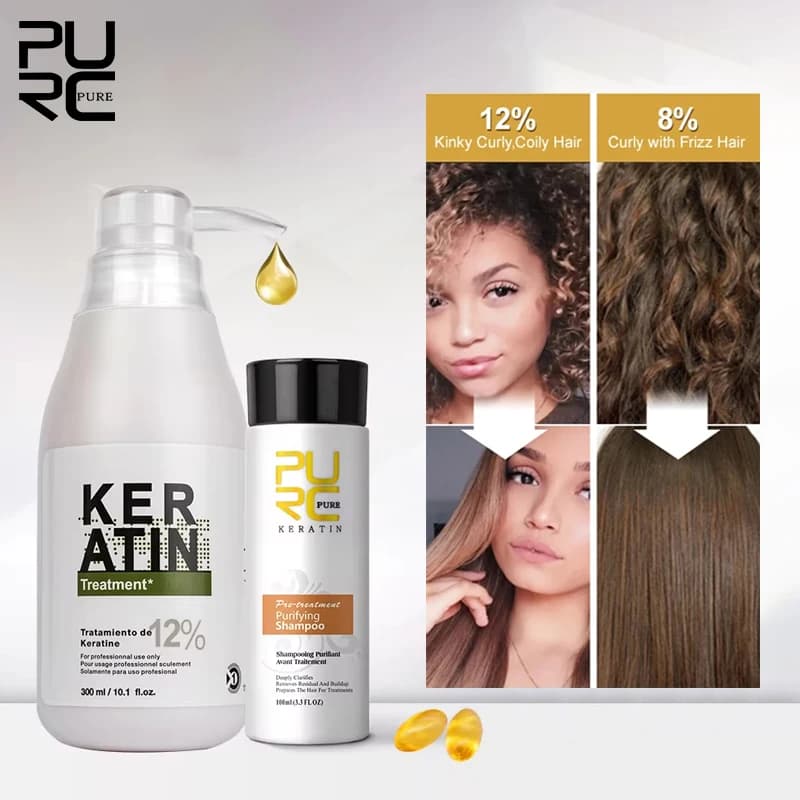 PURC 300ml Brazilian Keratin Hair Treatment and 100ml Professional Purifying Shampoo Set Raddrizz Repair Soft Hair Care
