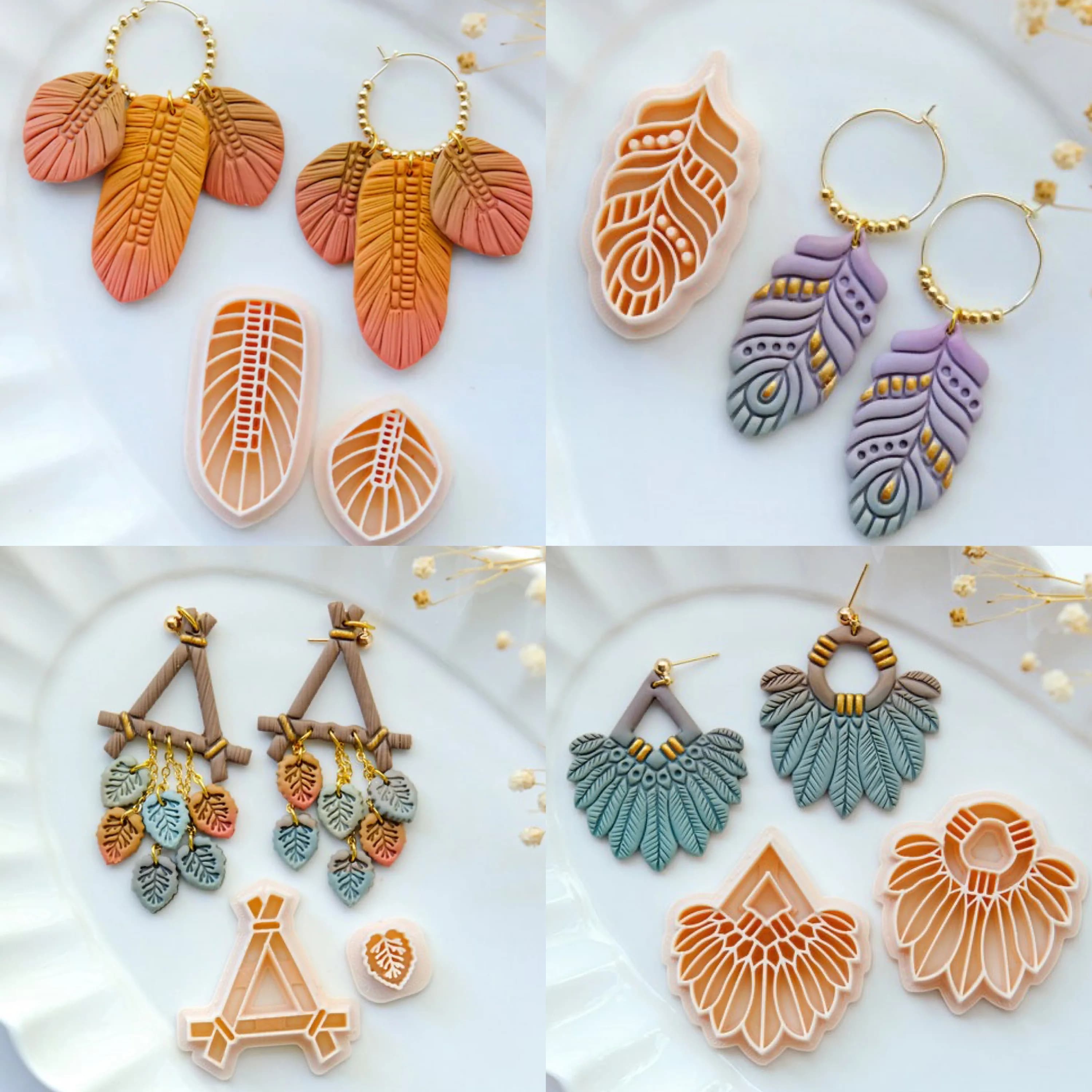 Twig Triangle Polymer Clay Cutters | Fall Clay Cutters | Clay Earring Cutte,Feather Polymer Clay Cutters | Boho Clay Cutters