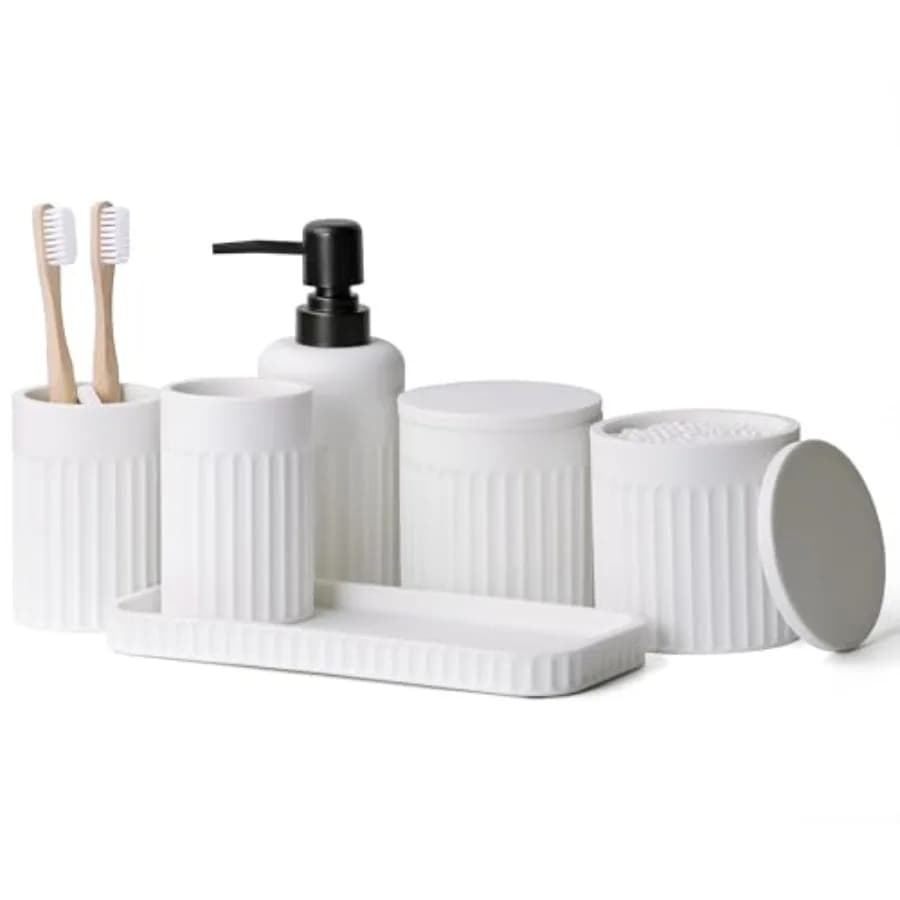 Set di Accessori per il Bagno - 6 Pezzi, Completo di Dispenser Sapone, Porta Spazzolini, Bicchiere, Porta Accessori da Toilette