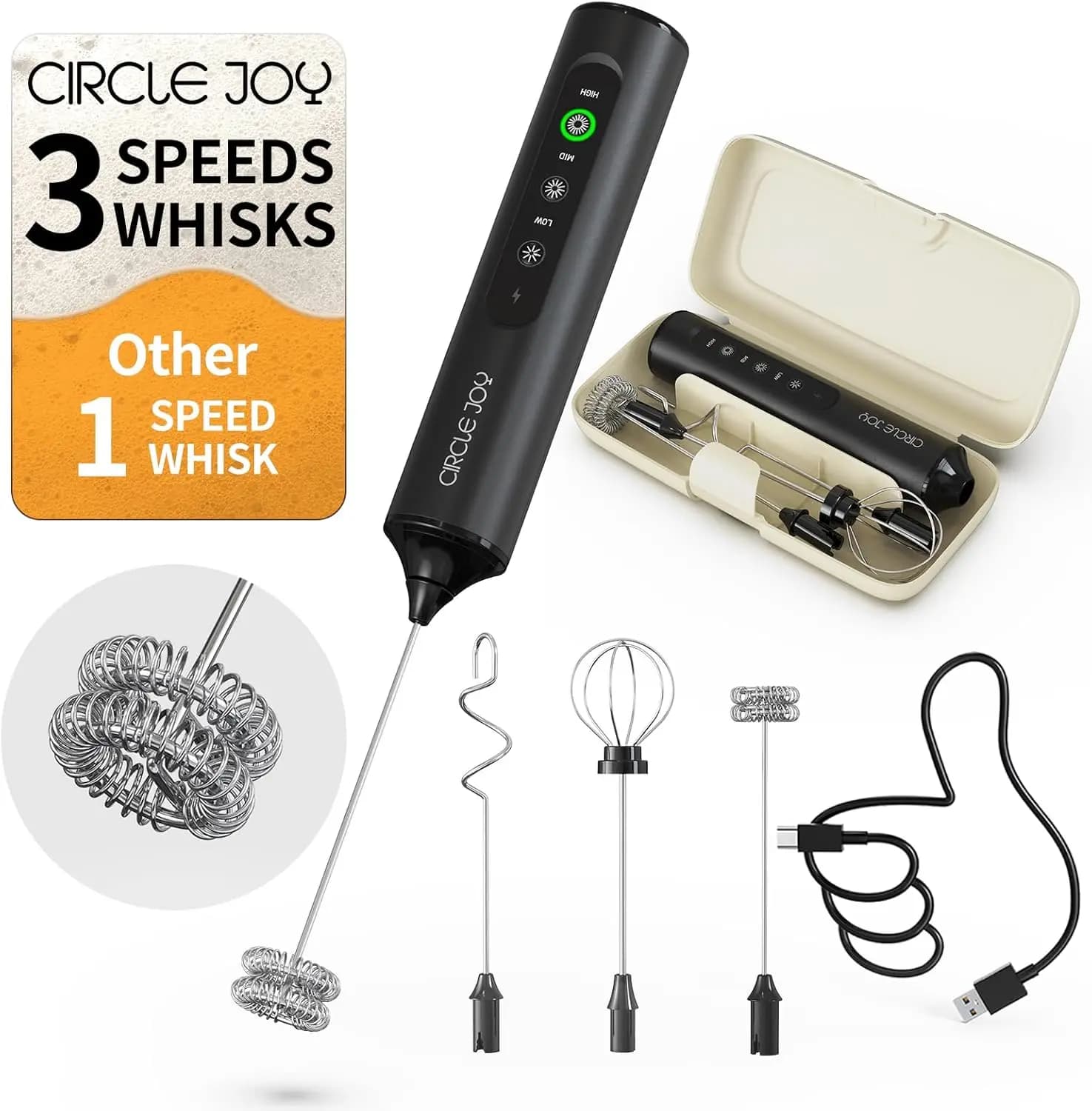 Rechargeable Handheld Milk Frother Wand with 3 Variable Speeds, 3 Whisks and Storage Box, Electric Drink Mixer for Latte, Cappuccino, Hot Chocolate, Eggs and Protein Powder, Black