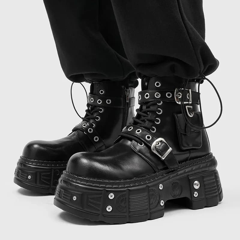 Stivali platform punk rock da uomo, neri, firmati, in pelle naturale, stile cowboy, per primavera autunno, alla moda, alla caviglia, botas hombre