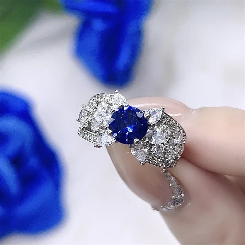Ring with Royal Blue Sapphire and Diamonds Set for Women, Design Open with Colorful Gem Sparkling, Fashion Jewel