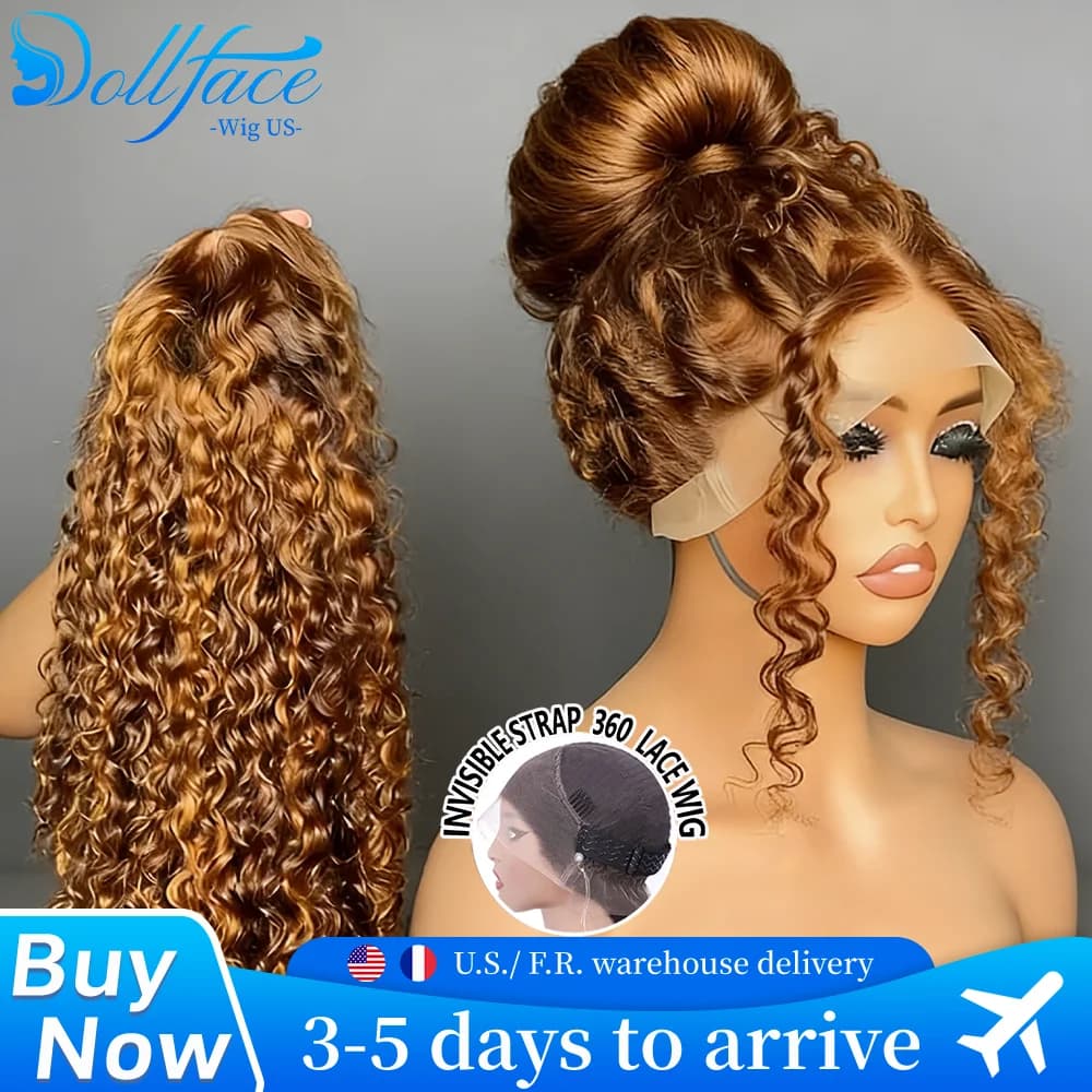 Deep Wave Invisible Strap 360 Full Lace Wig P427 Highlight Human Hair Wigs Brazilian Preplucked Water Wave 220 Density Curly Wig