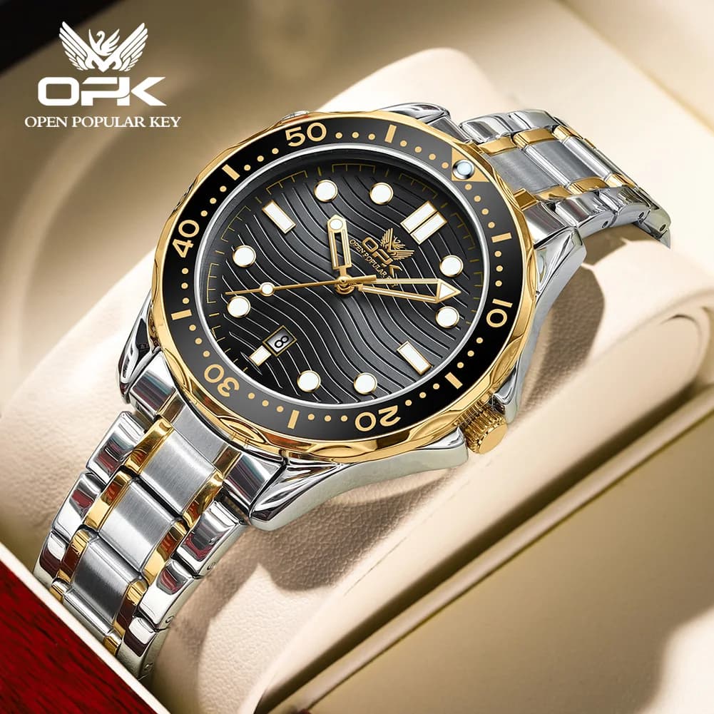 OPK 8152 Classic men's watch with quartz movement, stainless steel strap, HD light function, calendar, men's waterproof fashionable watch