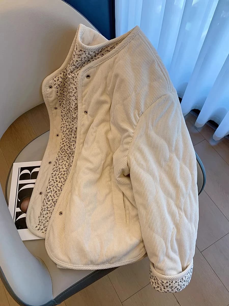 Women's Thickened Loose Cotton Jacket Velvet Coat Brand Button Warmth Anti-Aging Fashionable Top Long Sleeve round Neck