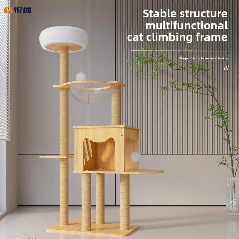 Struttura da arrampicata integrata per albero per gatti con colonna antigraffio per nido, piattaforma per saltare, villa con capsula spaziale