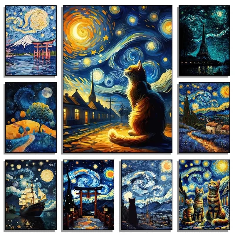 DIY Diamond Painting Kit Black Cat Starry Night Van Gogh Inspired Mosaic Rhinestone Wall Decor Home Gift Set for Adults
