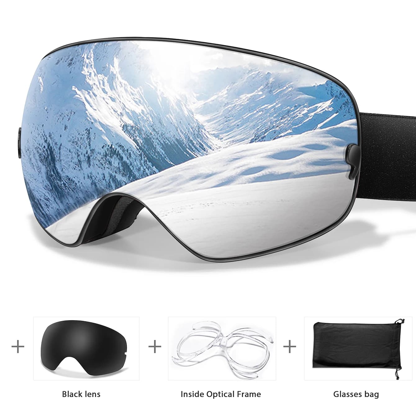Ourdoor Sports Eyewear Teen Men Women Ski Goggles-Anti-fog UV400 Christmas and New Year Gift Free Black Lens and Optical Frame