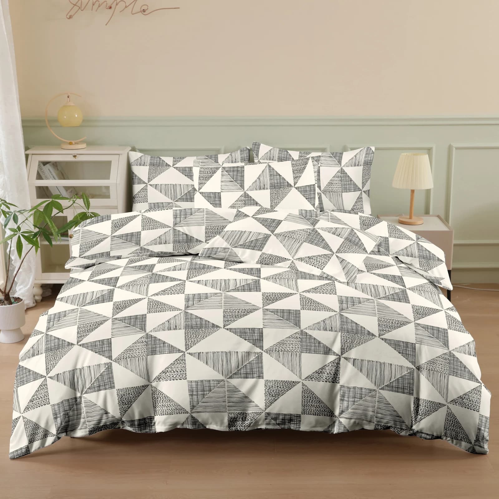 Set copripiumino spazzolato con stampa geometrica grigio e bianco (2 federe + 1 copripiumino) Set copriletto con motivo geometrico in 3 pezzi Set copriletto in poliestere ultra morbido e confortevole, traspirante, adatto per camera da letto, camera degli ospiti e dormitorio (copriletto + federe, non include piumino e imbottiture per cuscini) Copripiumino con cerniera + federa con tasca