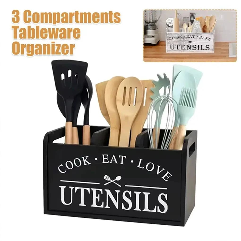 3 compartment wooden kitchen utensils, tableware organizer with drainage holes, rustic holder for spoon, fork and knife