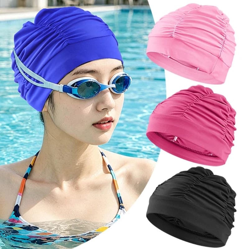 Adult Swimming Cap for Daily Swimming and Pool Practice, 2 Piece Pleated Swim Hat with Ear Cover for Water Play 69HD