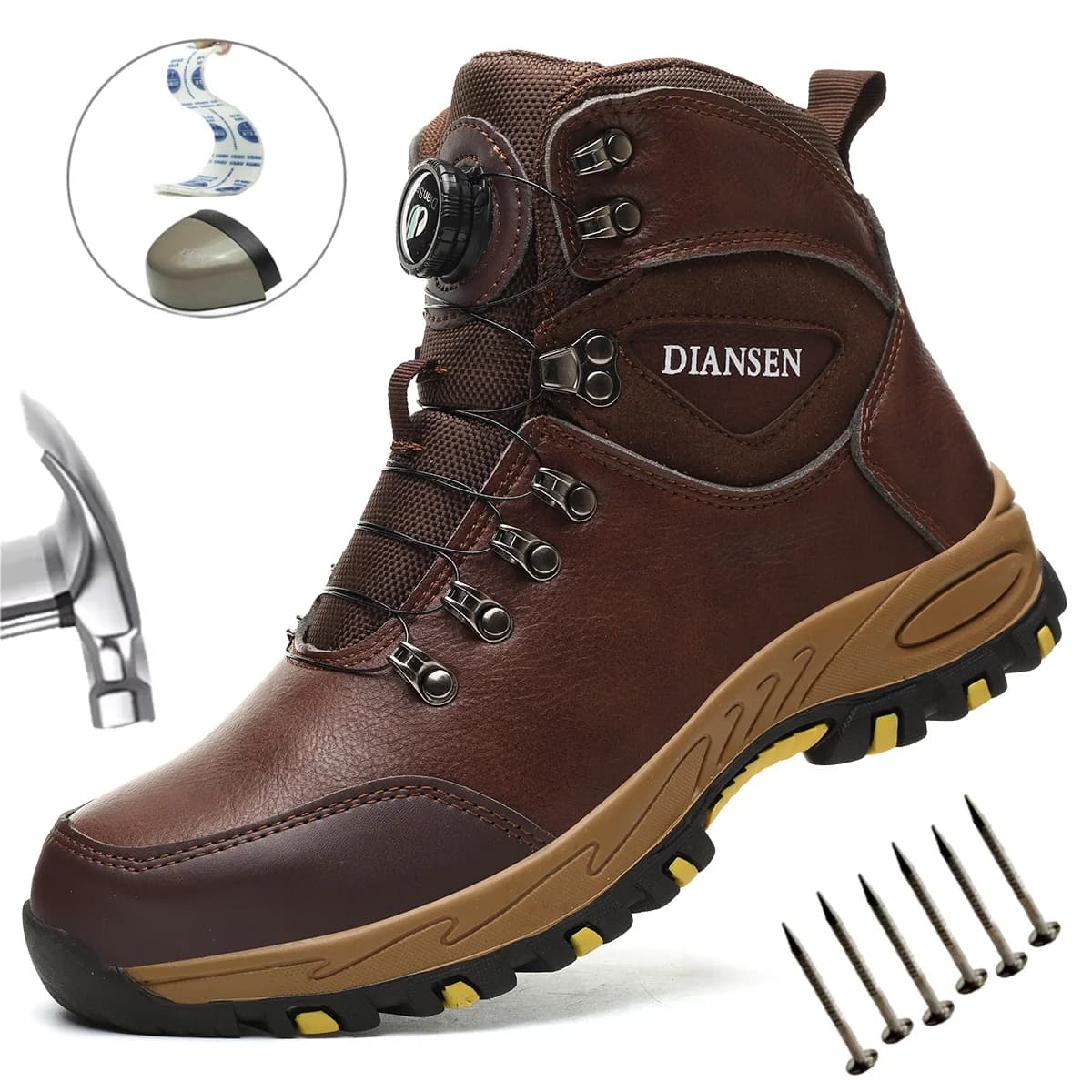 Men's High Leather Waterproof Safety Work Boots Steel Toe Anti-Impact & Anti-Puncture Brown Boots For Outdoor Hiking & Work