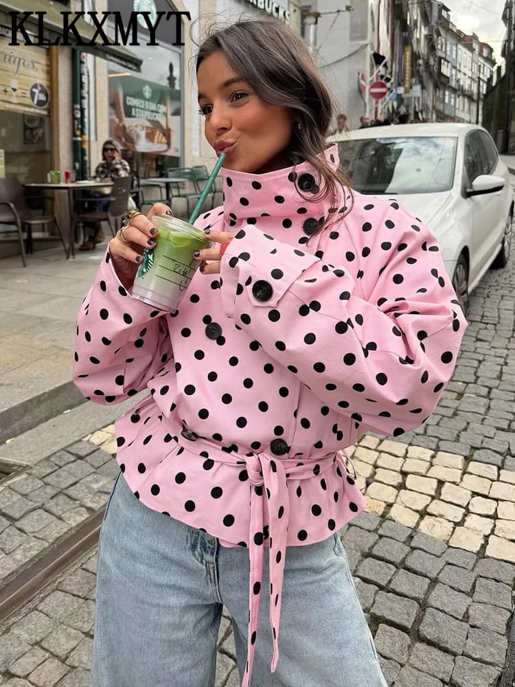 KLKXMYT Woman Long Sleeve Pink Polka Dot Jacket Fashion Double Breasted High Collar Coat Women Spring Casual High Street Jacket