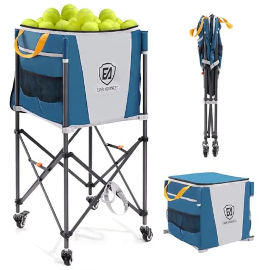 Carrello Porta Palline da Tennis Blu 150 con Tasche Laterali 16.2 x 16.2 Pollici, Cesto Pieghevole per Pickleball per Allenamento/Pratica di Baseball