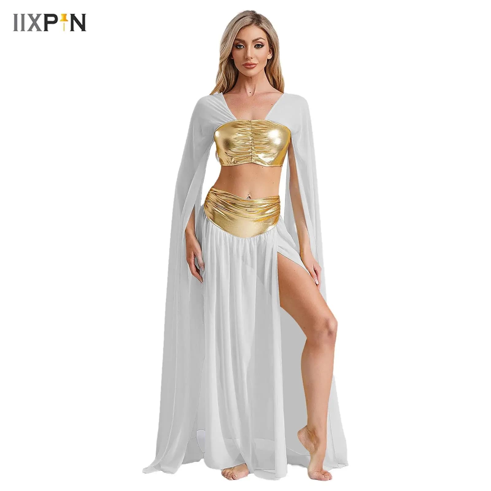2 pezzi da donna Halloween antica Roma egiziana Cleopatra costume cosplay crop top + gonna in chiffon divisa set costume da festa di carnevale