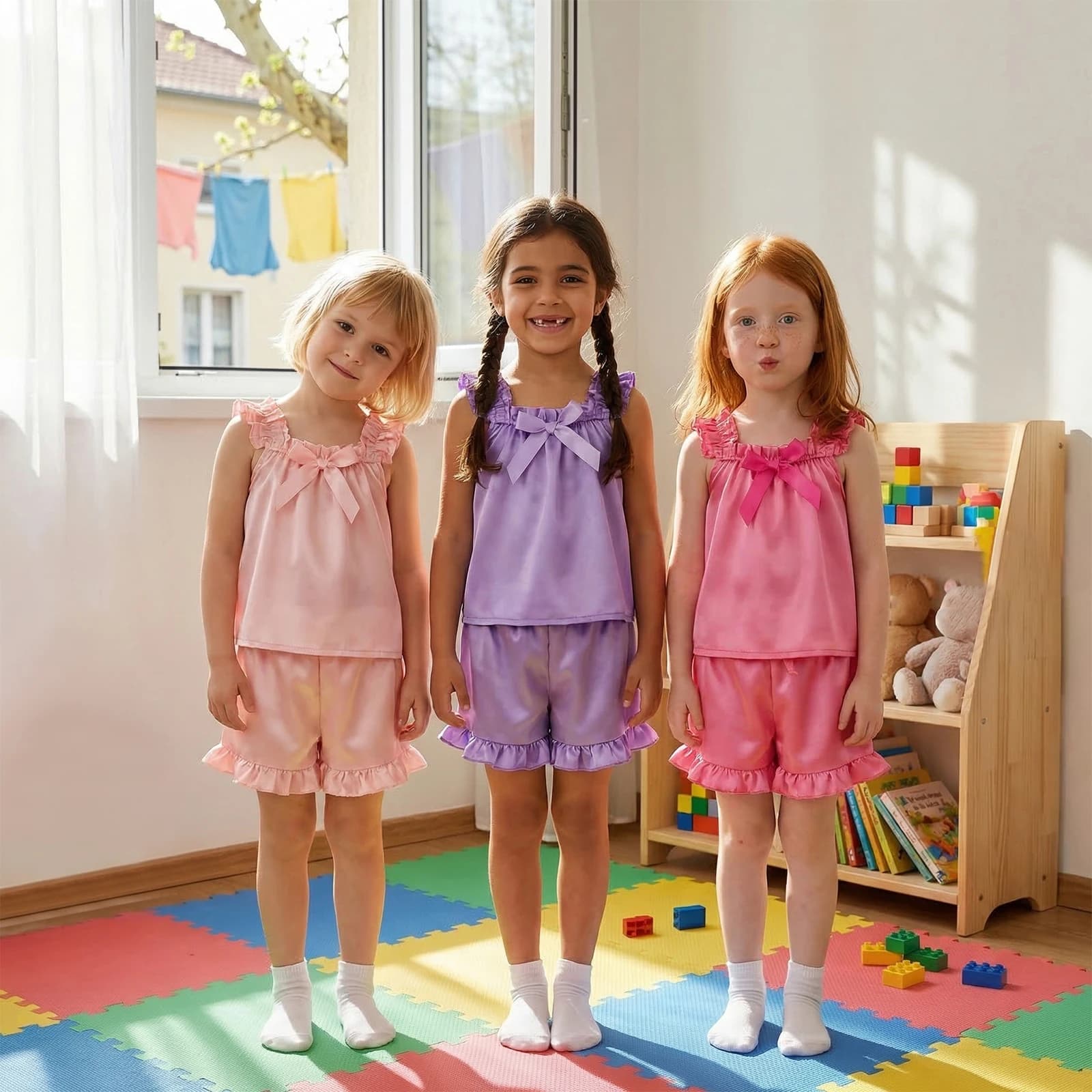Set pigiama da 2 pezzi per bambina, senza maniche, con collo quadrato, decorazione con fiocco, top in raso e pantaloncini con elastico in vita